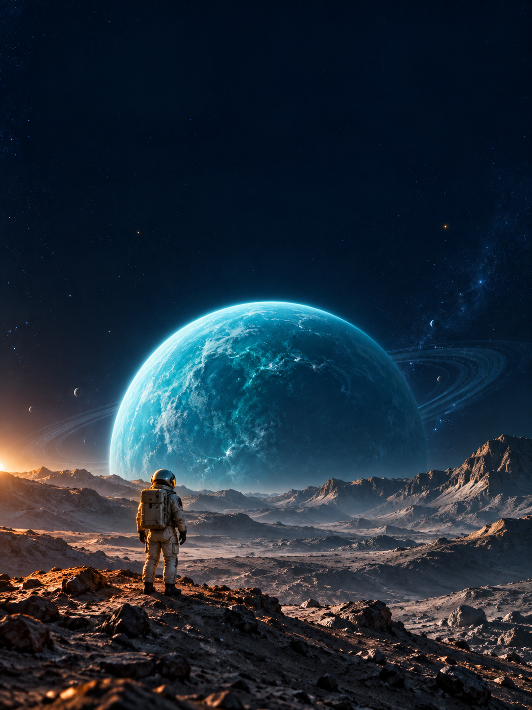 An astronaut looking at a glowing blue planet